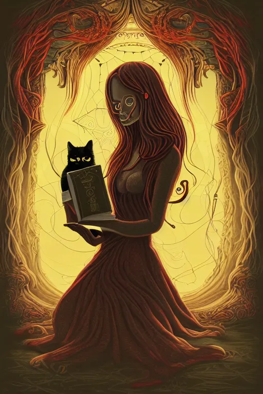 Image similar to ai illustration of romantic girl, her cat and her book of necronomicon, symmetrical, cinematic, sharp focus, 4 k, ultra hd, sense of awe, sinister demonic atmosphere, dreadful, forbidden knowledge, old gods, cthulhu, yog - sothoth! yah, yah, yah! cultist journal cover