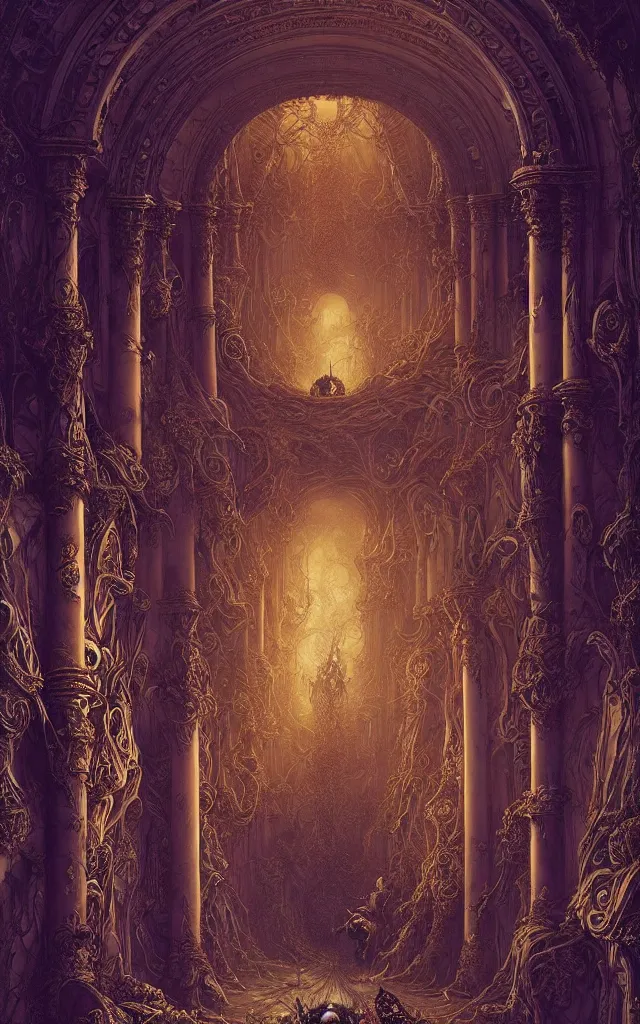 Prompt: gustav dore peter mohrbacher baroq giger arched hallways stretch into the sky, intricate hexagon honeycomb architecture, purple velvet, shimmering, dripping liquid gold, extreme detail, 8 k photograph vivid detail