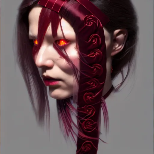 Image similar to chaotic burgundy satin ribbons instead of skin build image of mystic face, moebius, bao pham, donato giancola, larry elmore, masterpiece, trending on artstation, featured on pixiv, cinematic composition, beautiful lighting, sharp, details, hyper - detailed, hdr, 4 k, 8 k