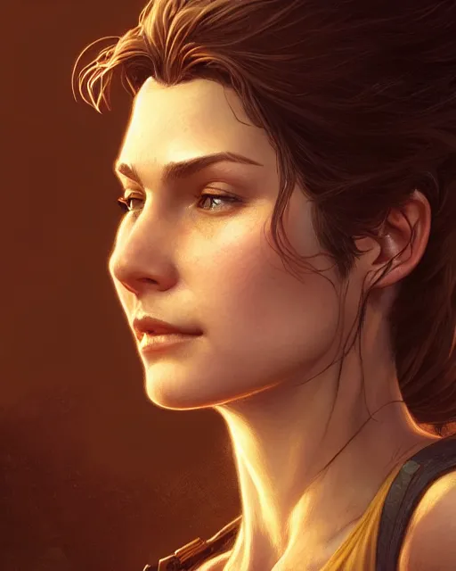 Prompt: Elena Fisher (Uncharted), closeup, D&D, fantasy, intricate, elegant, highly detailed, digital painting, artstation, concept art, matte, sharp focus, illustration, hearthstone, art by Artgerm and Greg Rutkowski and Alphonse Mucha