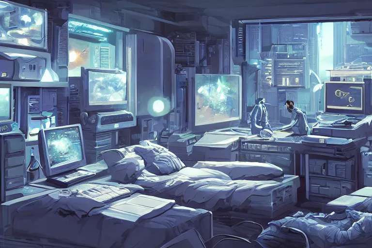 Image similar to stunning concept illustration of a retrofuturism cyberpunk bedroom full of computers, by ron cobb, hd, 4 k