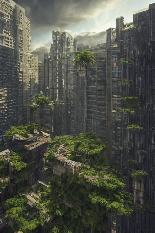 Image similar to tall brutalist buildings, solarpunk architecture, hanging gardens, sunshine, clouds, dramatic lighting, colorful birds, trending on Artstation, 8k, highly realistic, hyper detailed, unreal engine 5, IMAX quality, realistic, cinematic, epic lighting, realistic, Matte Painting, masterpiece