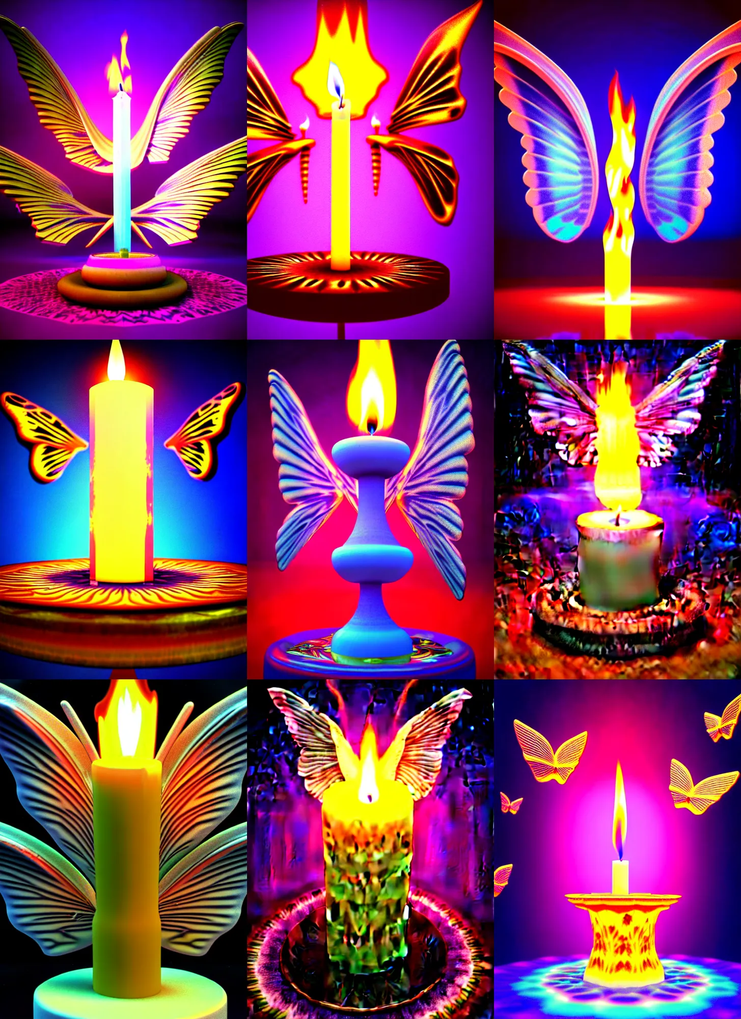 Prompt: 3 d render of melting candle on a open tome melting with angel wings against a psychedelic surreal background with 3 d butterflies and 3 d flowers n the style of 1 9 9 0's cg graphics 3 d rendered y 2 k aesthetic by ichiro tanida, 3 do magazine, wide shot