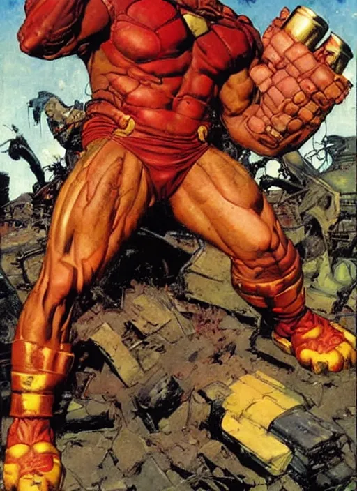 Image similar to full body and head portrait of marvel mutant juggernaut, dynamic action, painted by norman rockwell and phil hale and greg staples and tom lovell and frank schoonover and jack kirby