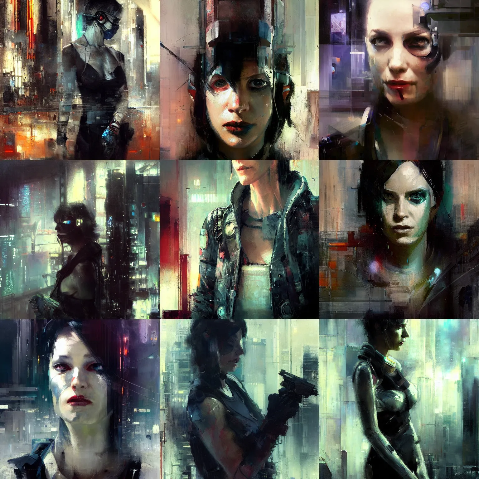 Prompt: Portrait of a futurism cyberpunk assassin, by Jeremy Mann