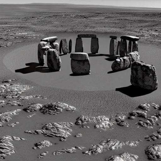Prompt: stonehenge on mars with space and spaceship in the background