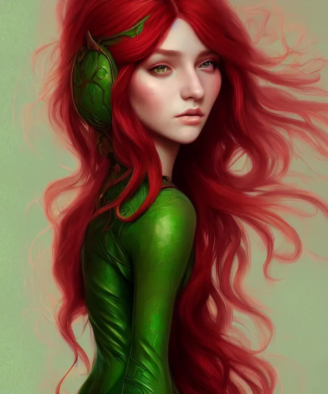 Image similar to Fae teenage girl, portrait, face, long red hair, green highlights, fantasy, intricate, elegant, highly detailed, digital painting, artstation, concept art, smooth, sharp focus, illustration, art by artgerm