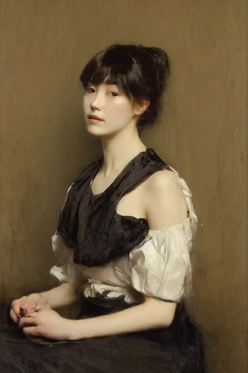 Image similar to Solomon Joseph Solomon and Richard Schmid and Jeremy Lipking victorian genre painting full length portrait painting of a young beautiful woman from japan