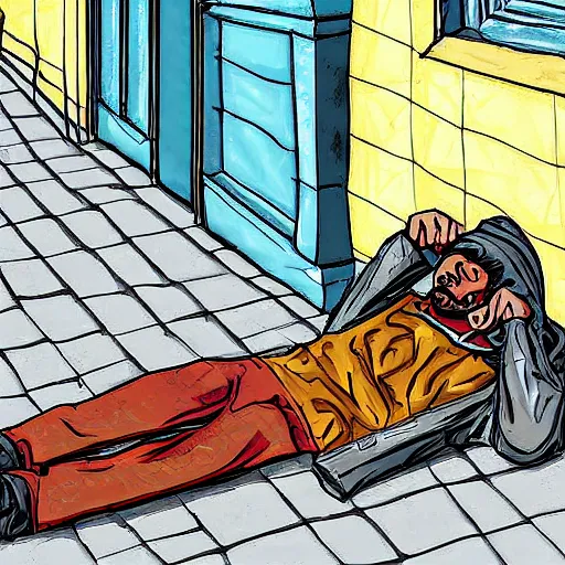 Image similar to a depressing digital painting of a homeless drug addict lying on the ground in an Ally, highly detailed digital art
