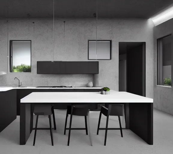 Image similar to brutalist black house kitchen with 2 islands interior design minimalist organic, organic architecture furniture open space high quality octane render blender 8 k