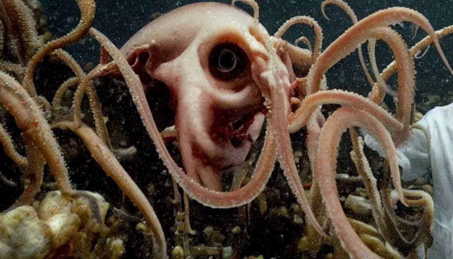 Image similar to Big budget horror movie, scientist looks at squid