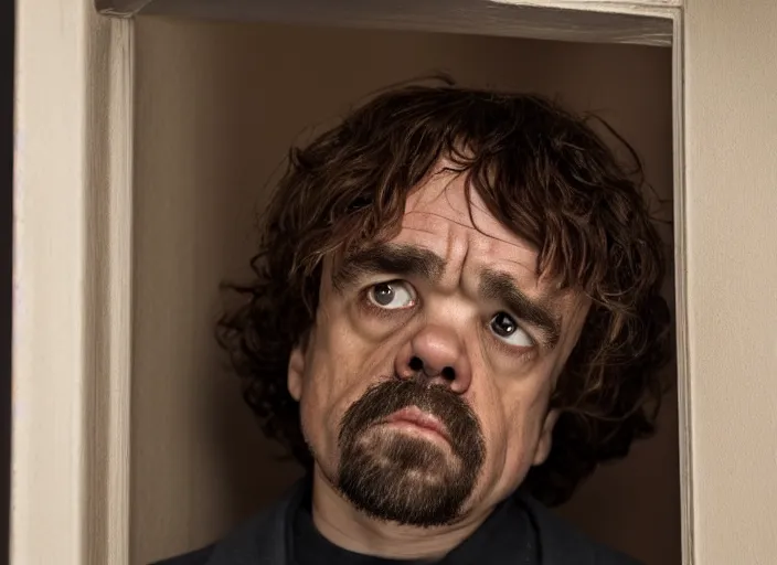 Image similar to peter dinklage looking out of a closet, movie still, from the new ringu movie, 8 k, realistic