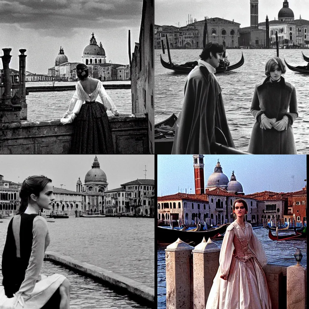 Prompt: scene of pulciana ( 1 9 7 6 ) a film of luchino visconti starring emma watson as a duchess. venice in the background