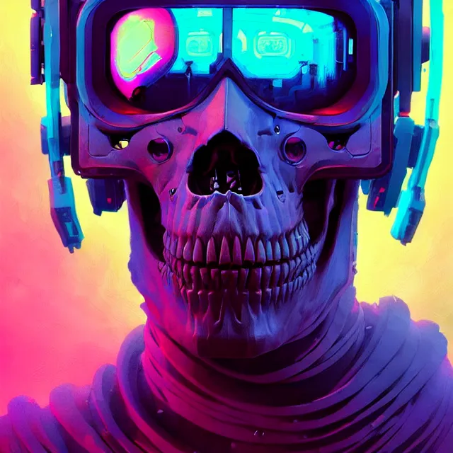 Prompt: a beautiful painting of a cyberpunk skull by moebius and pascal blanche and josan gonzalez and greg rutkowski and sachin teng and ralph mcquarrie. in style of futurism art. brush stroke, vibrating colors, hyper detailed. 4 k texture. octane render. trending on artstation