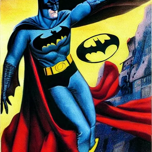 Image similar to Batman dressed as Superman, surrealism painting