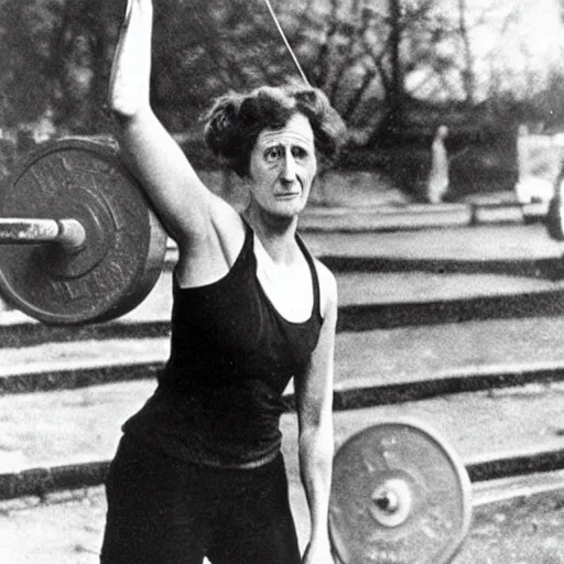 Image similar to Virginia Woolf deadlifting a heavy barbell