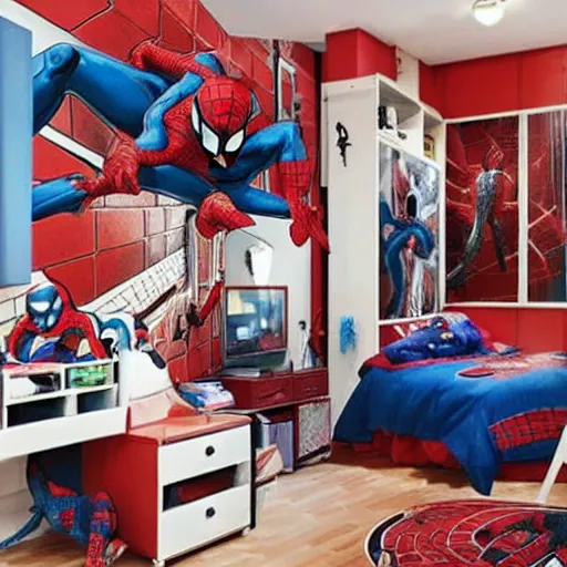 Image similar to room of spiderman fans, is mess, bedroom, chair, teenager room, wide shot