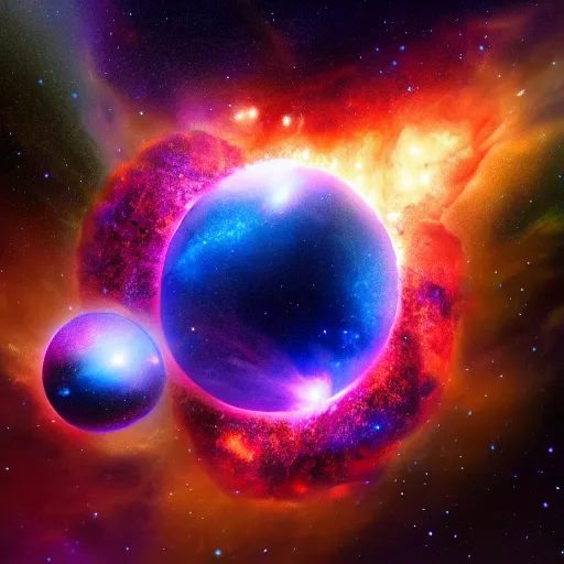 Prompt: a nebula engulfing a solar system with 2 stars orbiting eachother, digital art, trending on artstation
