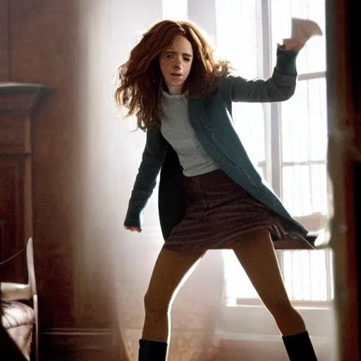 Image similar to hermione granger transforming into a horse in the middle of a living room, her legs and waist are already horse - like