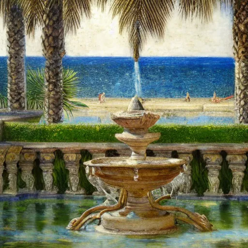 Prompt: a ultradetailed beautiful painting of a old fountain in the amazonas palace balustrade designed by jules bastien - lepage, tarsila do amaral, frank weston and gustave baumann, beach, trending on artstation, mediterranean, palm trees, sharp focus, soft light, 8 k 4 k