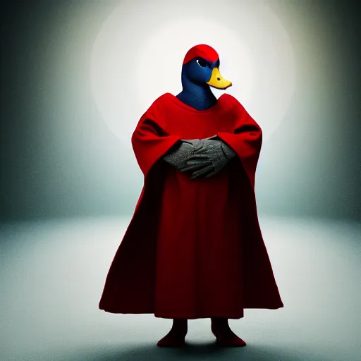 Image similar to portrait of cute mallard duck, wearing cultist red robe, inside a castle, black feathers, glowing arcane eyes, expressive oil painting, digital art, octane render