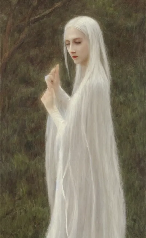 Image similar to say who is this with silver hair so pale and wan! and thin!? female angel, wearing white robes flowing hair, pale fair skin, white dress!! silver hair, covered!!, clothed!! lucien levy - dhurmer, fernand keller, oil on canvas, 1 8 9 6, 4 k resolution, aesthetic!, mystery