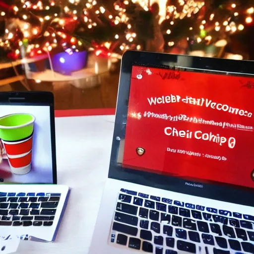 Prompt: web conference meeting with accenture and solo cups and beer pong and christmas lights