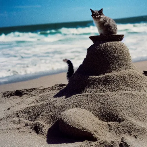 Prompt: a photo of cat making a sand castle on the beach, cinestill, 8 0 0 t, 3 5 mm, full - hd