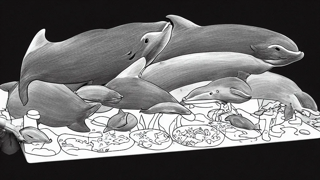 Prompt: line drawing unprofessional dolphin diorama