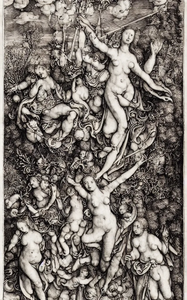 Prompt: Albrecht Durer, Hans Holbein, Lucas Cranach, engraving of a goddess with the attributes of Diana, Athena, Guanyin, Shakti, Seshat, and Deborah, floating down from heaven on a lotus flower