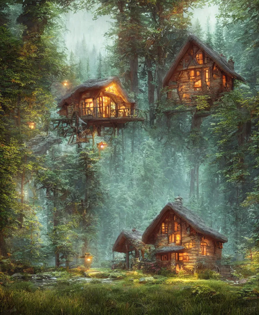 Prompt: beautiful Hyperrealistic Cottage in the forest, highly detailed, digital painting, lake, trending artstation, concept art, illustration, cinematic lighting, vibrant colors, photorealism, epic, octane render