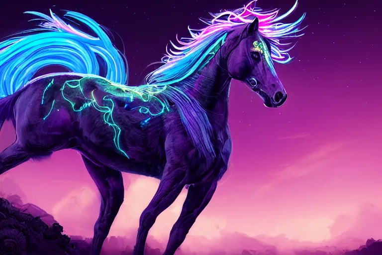 Image similar to a stunning horse with bioluminescent mane and tail by sandra chevrier and greg rutkowski, neon hooves, purple blue color scheme, vaporware, retro, outrun, high key lighting, volumetric light, digital art, highly detailed, fine detail, intricate, ornate, complex, octane render, unreal engine, photorealistic