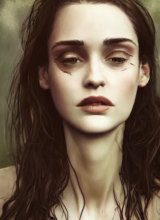 Image similar to beautiful 19 year old woman looks like young winona ryder standing and wearing extremely detailed bodypaint, hyper realistic digital illustration, hd, intricate, depth of field, soft lighting, elegant, character design, concept art