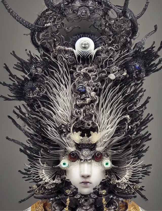 Image similar to goddess macro close - up portrait wigh crown made of ram skull. beautiful intricately detailed japanese crow kitsune mask and clasical japanese kimono. betta fish, jellyfish phoenix, bioluminiscent, plasma, ice, water, wind, creature, super intricate ornaments artwork by tooth wu and wlop and beeple and greg rutkowski