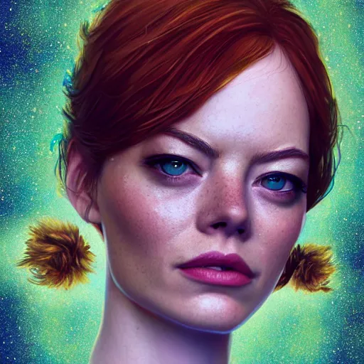 Prompt: cosmic lion portrait of emma stone, hyper detailed, digital art, trending in artstation, cinematic lighting, studio quality, smooth render, unreal engine 5 rendered, octane rendered, art style by klimt and nixeu and ian sprigger and wlop and krenz cushart.