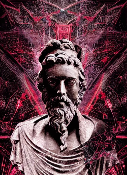 Prompt: dark design poster showing a statue of marcus aurelius, black background with very subtle red and purple design elements, powerful, nekro, guido crepax, graphic design, collage art, thin lines, dark, glitch art, neo vaporwave, gritty, layout frame, square, trending on artstation