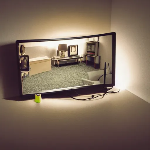 Image similar to crt televisions in a room with a lamp, claymation, 3 d, pixar, film grain, fisheye lens, made out of clay