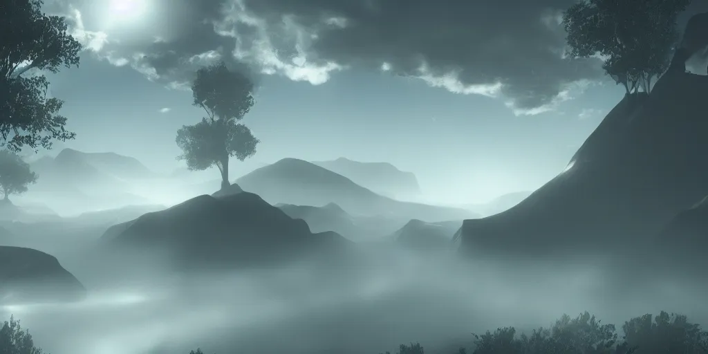 Image similar to wallpaper, landscape, volumetric lighting, epic, mystical