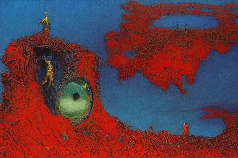 Image similar to barrister of harvest, art by beksinski and pauline baynes, trending on artstation, iridescent cool blue and cyan and red and blue and yellow and green lighting camera view from above surrealism, very very intricate, concept art, fisheye lens, situationist international