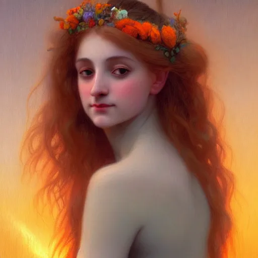 Image similar to a beautiful stunning interesting detailed fantasy whimsical matte digital portrait illustration of a mermaid with turqoise hair, and a yellow-orange and red-violet sunset, spectacular sunset, in the style of William Adolphe-Bouguereau and Marc Simonetti, magic the gathering, trending on artstation hq, contest winner