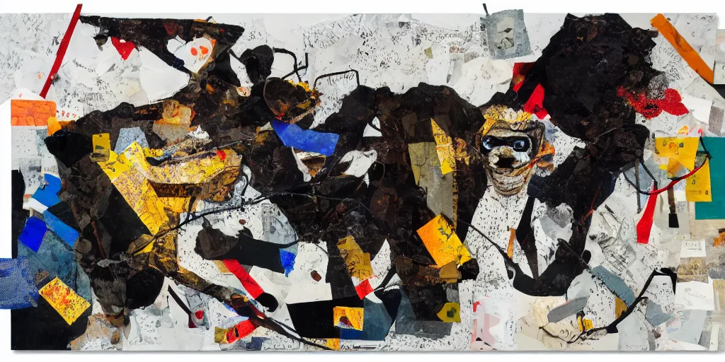 Image similar to mad dog on a chain, collage, sweeping paper and acrylic on canvas, minimalism and expressionism movement, breathtaking detailed, by blake neubert