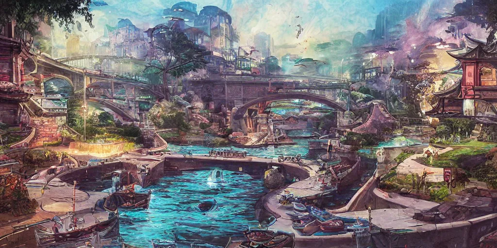 Image similar to magic city with with rivers and aqueducts as streets. various boats. mtg. magic the gathering by yeong hao han