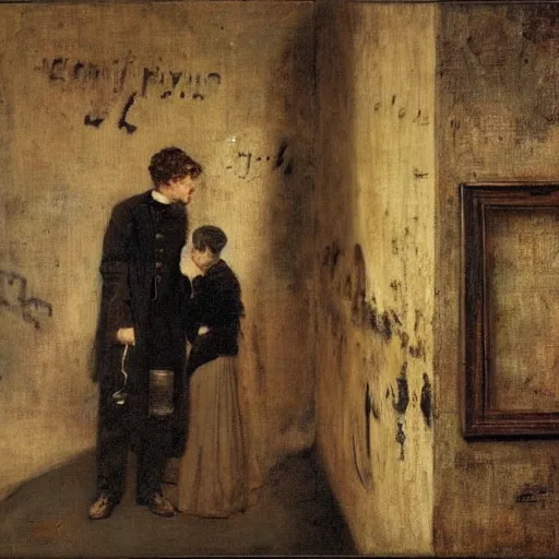 Image similar to a young man and a young woman solving an escape room puzzle, mysterious markings on the wall, by alfred stevens