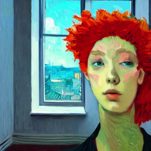 Image similar to giant flower under head, woman next to modern windows, luxury apartment, surreal photography, dramatic light, impressionist painting, digital painting, artstation, van gogh