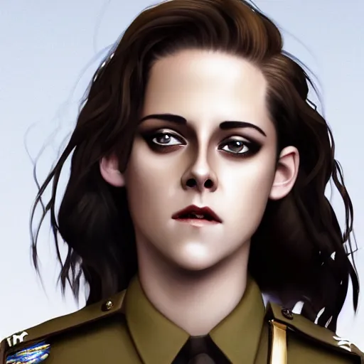 Image similar to Render of Kristen Stewart as Honor Harrington wearing an officer's uniform, cute 3d, long brown hair, brown eyes, soft smile, 4k oil on linen by wlop, artgerm, andrei riabovitchev, nuri iyem, james gurney, james jean, greg rutkowski, highly detailed, soft lighting 8k resolution, aboard a starship, medium shot, mid-shot, trending on Artstation, Unreal Engine 4k