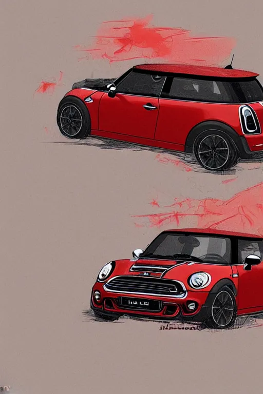 Image similar to Red Mini Cooper car designed by Aplle that looks like it is from Borderlands and by Feng Zhu and Loish and Laurie Greasley, Victo Ngai, Andreas Rocha, John Harris