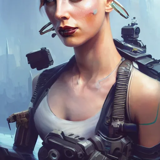 Image similar to tank girl, highly detailed, half android, power implants, full body transmogrify, beautiful, mesmerising, look of desire, loving stare, digital painting, trending on artstation, concept art, 4 k, sharp focus, illustration, art by greg rutkowski and magali villeneuve