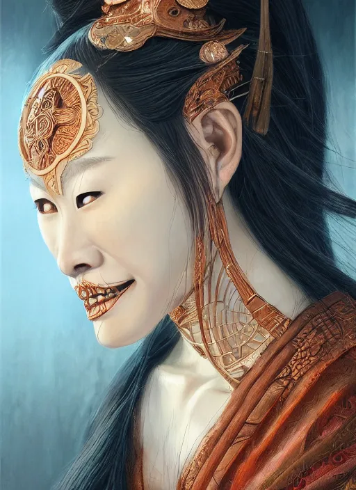 Prompt: a beautiful detailed oil on copper art illustration of a japanese obeshimi mask woman, centered, by charlie bowater, zeng fanzh, trending on artstation, dim dusk lighting, cinematic lighting, detailed lighting, volumetric lighting, realistic, f 8, 4 k hd wallpaper