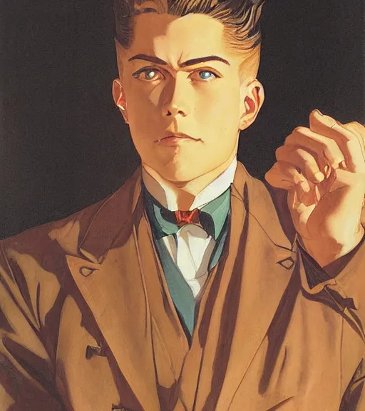 Image similar to j. c. leyendecker painting of an anime man, direct flash photography at night, film grain