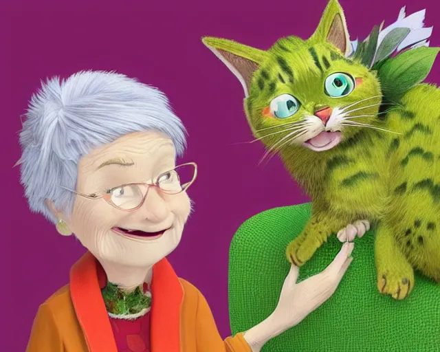 Image similar to detailed cartoon portrait of an old lady and her plant cat, pixar, sharp high quality